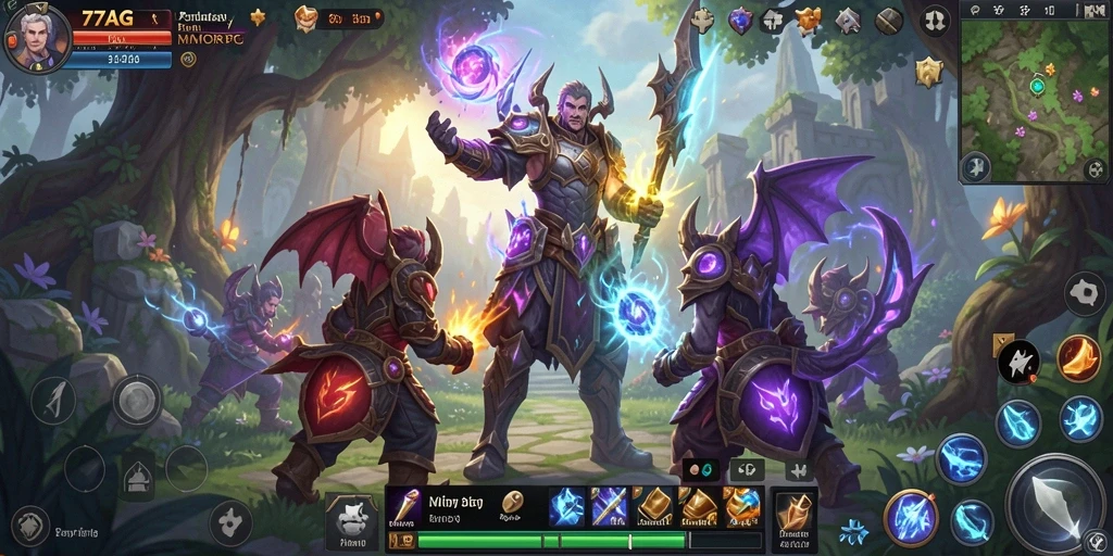 Screenshot gameplay 77AG menampilkan pertarungan epic dalam dunia MMORPG.