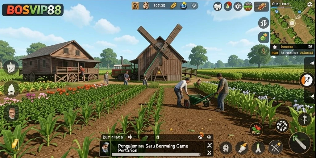 Tampilan gameplay BOSVIP88 yang menarik dan penuh warna dalam dunia pertanian.