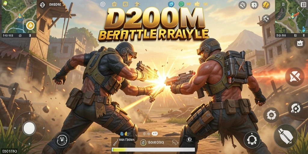 Tampilan screenshot D200M yang menggambarkan pertarungan Battle Royale yang intens.
