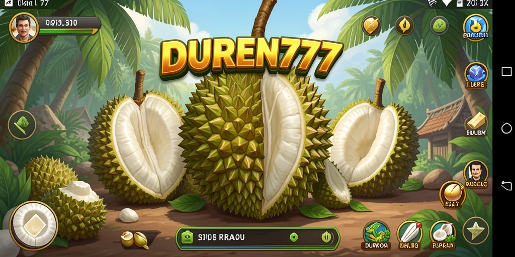 Screenshot gameplay DUREN777 menunjukkan kebun durian yang subur dan grafik menarik.