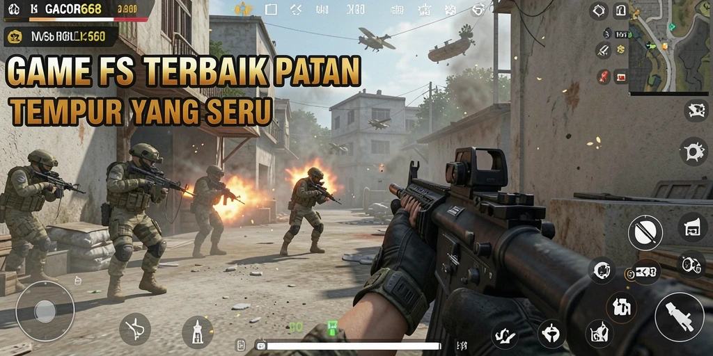 Screenshot gameplay GACOR668 menunjukkan aksi intens dalam pertempuran FPS.