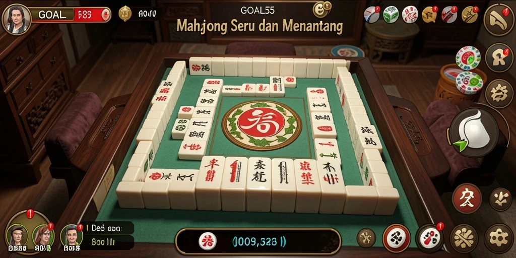 Tampilan gameplay seru dalam GOAL55 dengan papan Mahjong berwarna-warni.
