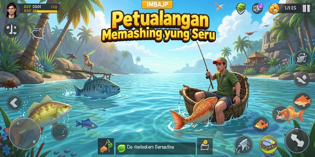 Screenshot IMBAJP menunjukkan pemain menangkap ikan dalam suasana pantai yang indah.