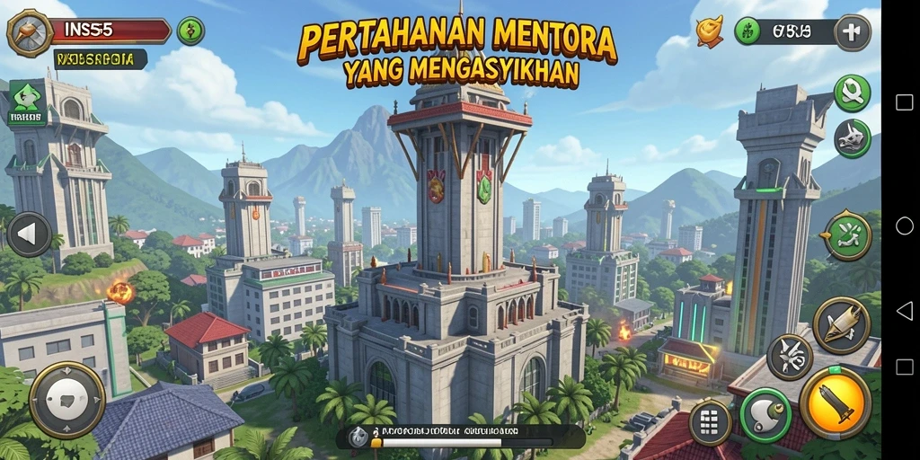 Tampilan gameplay seru dalam INS55 dengan menara dan musuh yang dinamis.