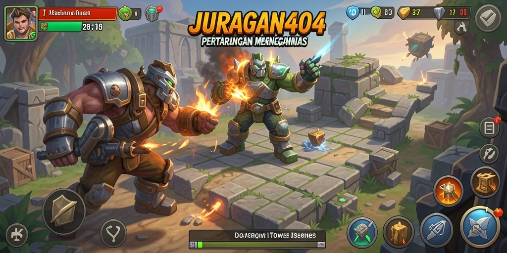 Screenshot gameplay JURAGAN404 yang menunjukkan menara pertahanan dalam aksi.