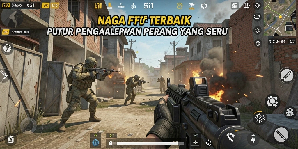 Screenshot gameplay NAGA11 dengan aksi tembak menembak seru di medan perang.
