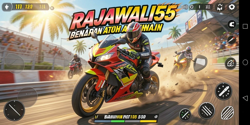 Tampilkan gameplay seru RAJAWALI55 dengan balapan motor yang mendebarkan.